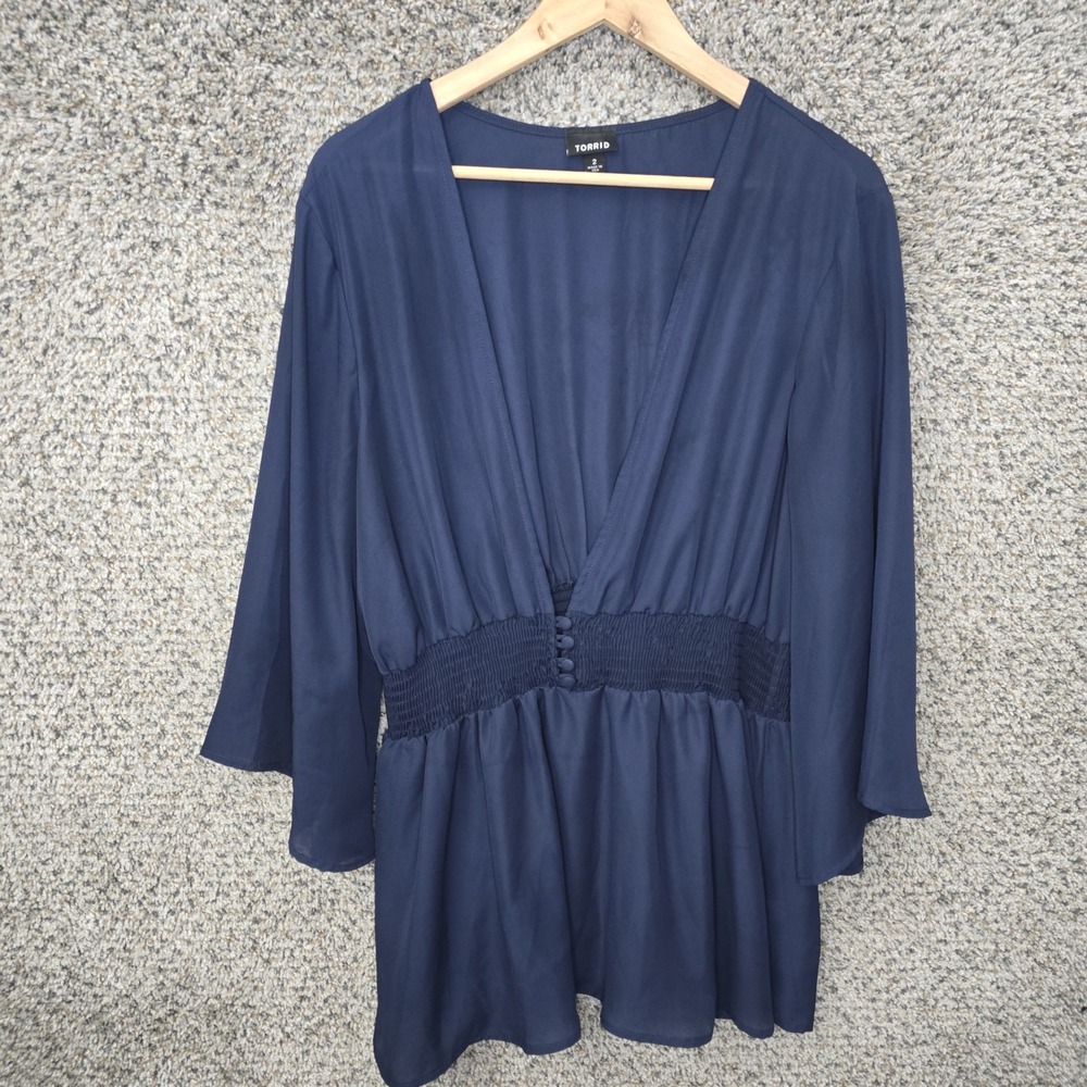 Torrid Top Womens 2 US Plus 2X Navy Blue Deep V Layering Blouse Sheer Casual